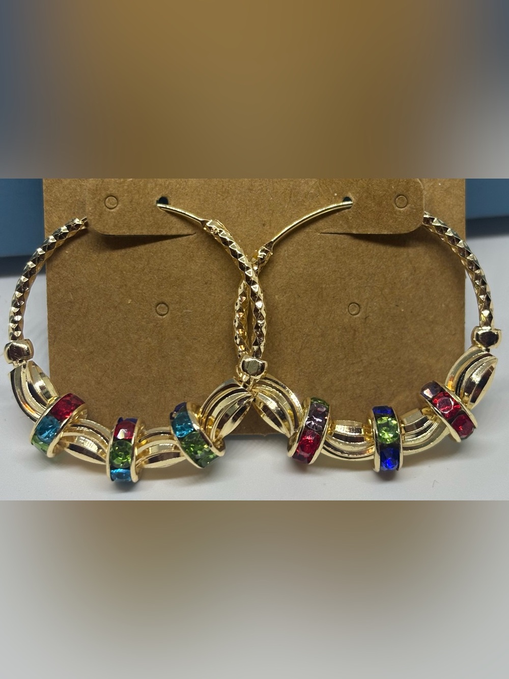 Gold Hoop Earrings with Multicolor Crystal Accents